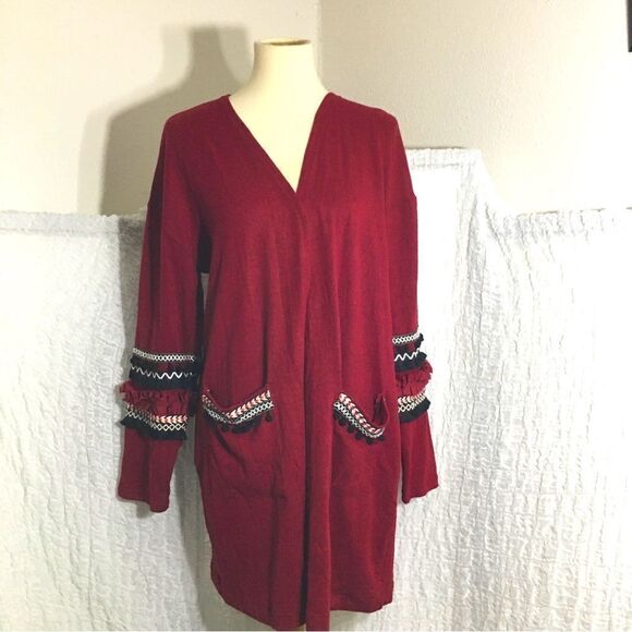 Hipster Row Burgandy Pom Pom Fringe  Cardigan Size XL - Picture 2 of 6